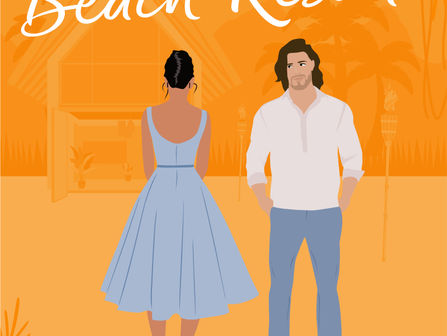 A woman in a blue dress facing a man in a white shirt. Orange beach backdrop with palm patterns. Text: The Guy from the Beach Resort.