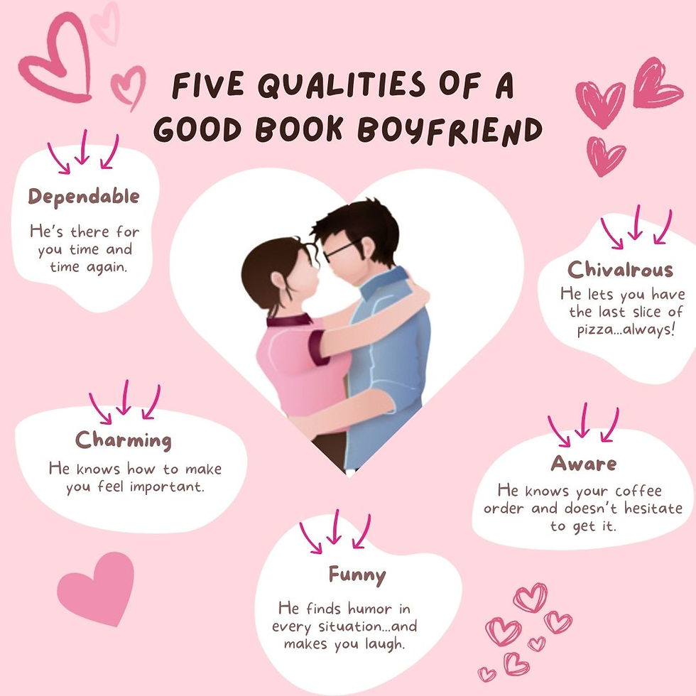 Illustration of a couple hugging in a heart, surrounded by text: "Five qualities of a good book boyfriend." Pink background with hearts.