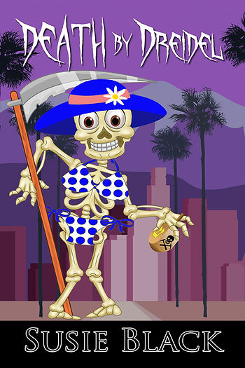 Skeleton in a blue polka dot bikini and hat, holding a scythe and a dreidel bag. Purple background with palm trees and cityscape. Text: Death by Dreidel, Susie Black.