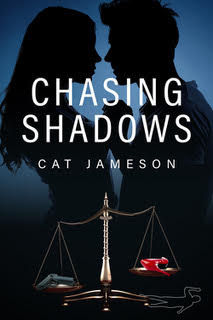 Silhouetted couple faces each other against a blue background. Text reads "Chasing Shadows" by Cat Jameson. Scales balance shoes and a mug.