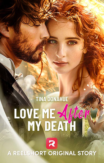 A couple embraces with intense emotion, vibrant red hair glowing. Text: "Love Me After My Death" by Tina Donahue. Grass and gravestone.