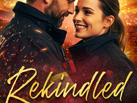 A man and woman in firefighter gear smile against a fiery, spark-filled background. Text: "Rekindled Flame" by Ella Braeme. Mood is romantic.