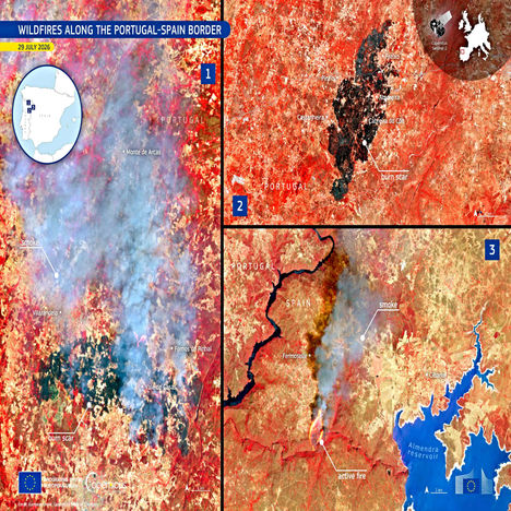 Wildfires on the Portugal - Spain border on July 29 2026