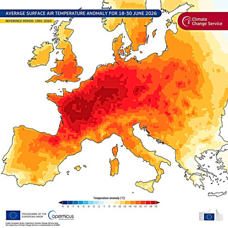 Copernicus image showing Europe´s 2nd hottest June