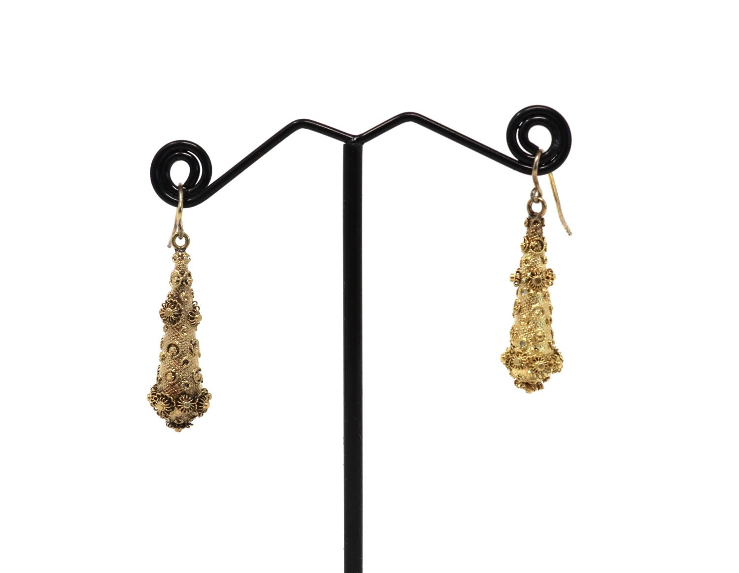 A Fine Pair of Antique Georgian 18ct Gold Cannetille Dropper Hook Earrings