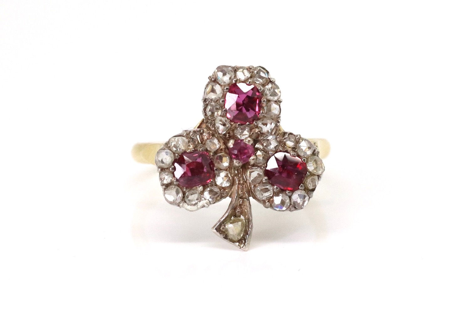 Beautiful Antique Edwardian 18ct Yellow Gold Ruby & Diamond Clover Cluster Ring