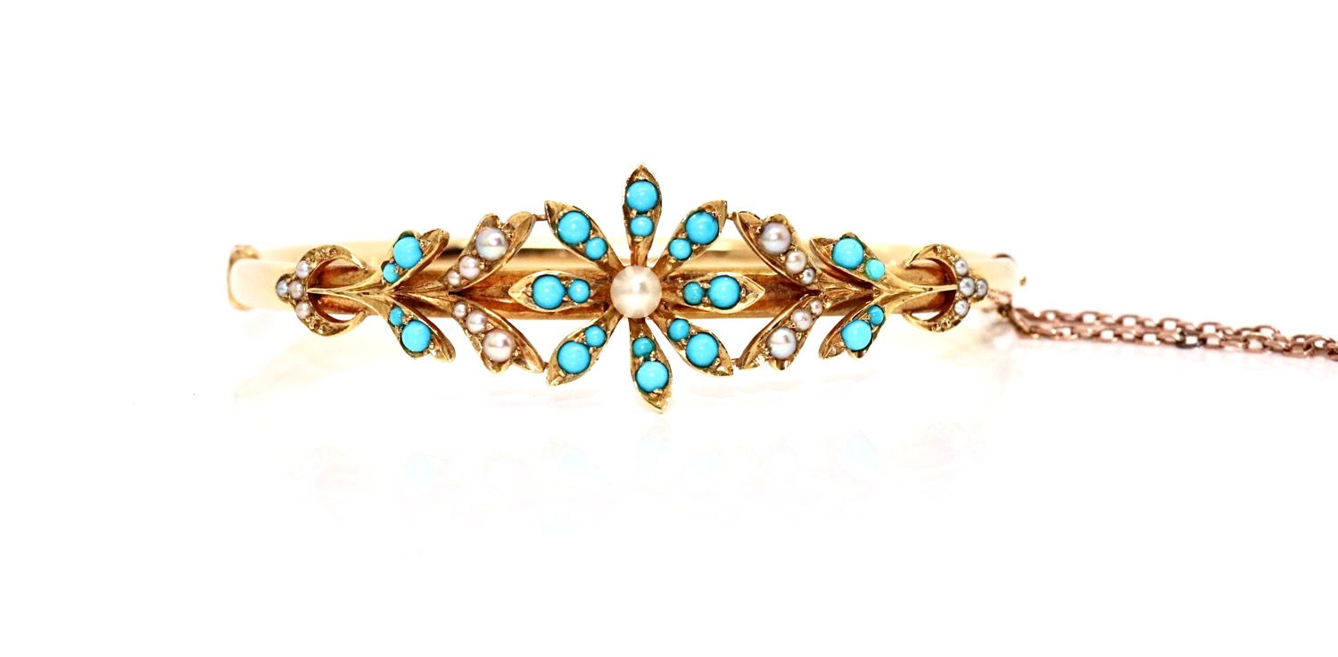 An Exquisite Antique Victorian 15ct Gold Turquoise & Seed Pearl Flower Bangle