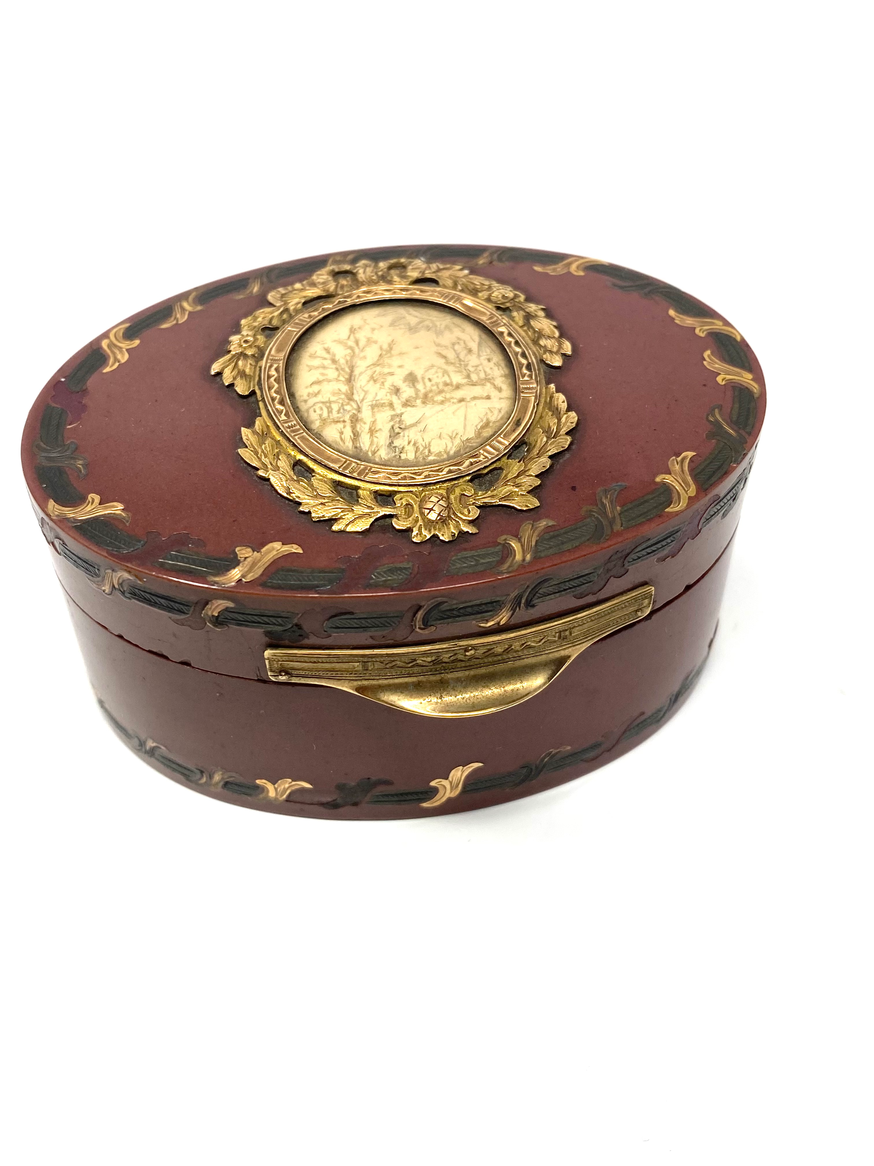 A Superb Antique Georgian 18ct Gold & Hair Work Lacquered Tortoiseshell Snuff Bo