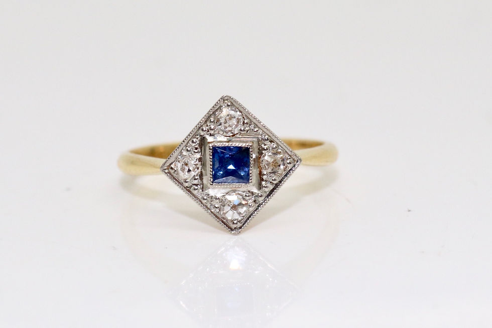 A Nice Art Deco 18ct Yellow Gold & Plat Natural Sapphire & Diamond Cluster Ring