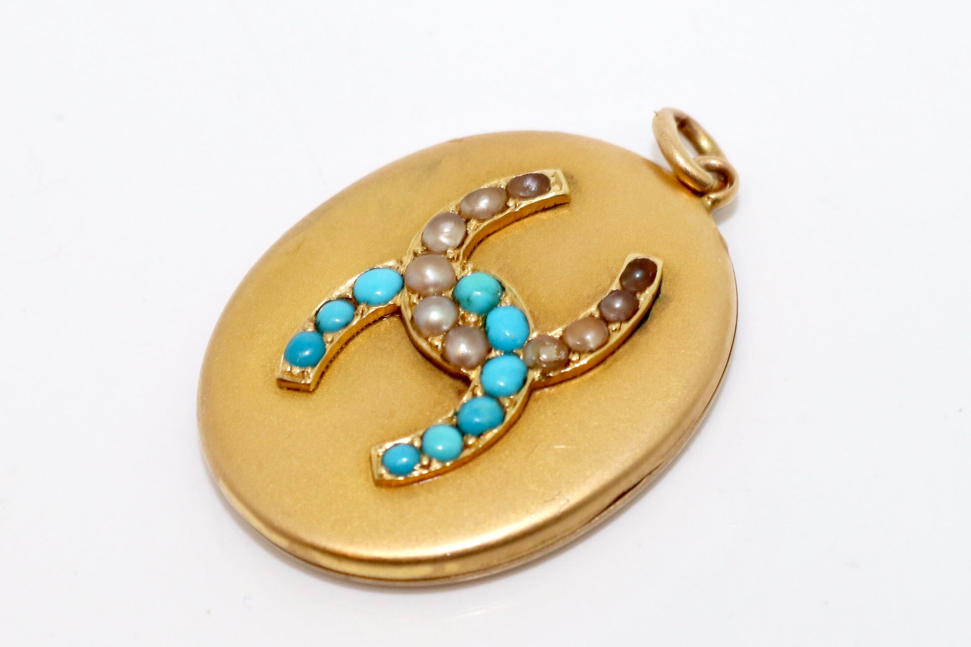 A Stunning Antique Victorian 15ct Yellow Gold Turquoise & Pearl Locket Pendant