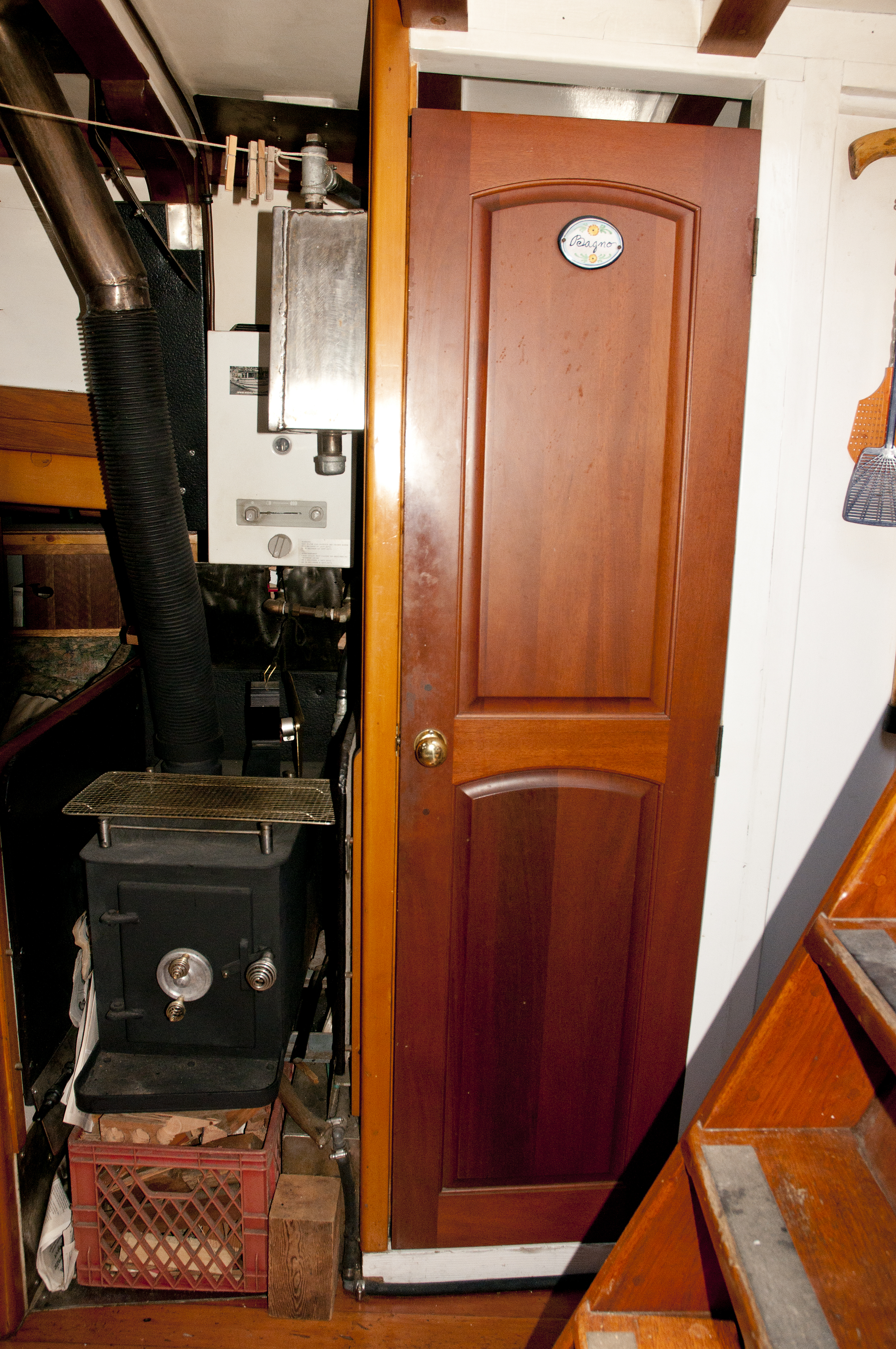 wood stove and shower door