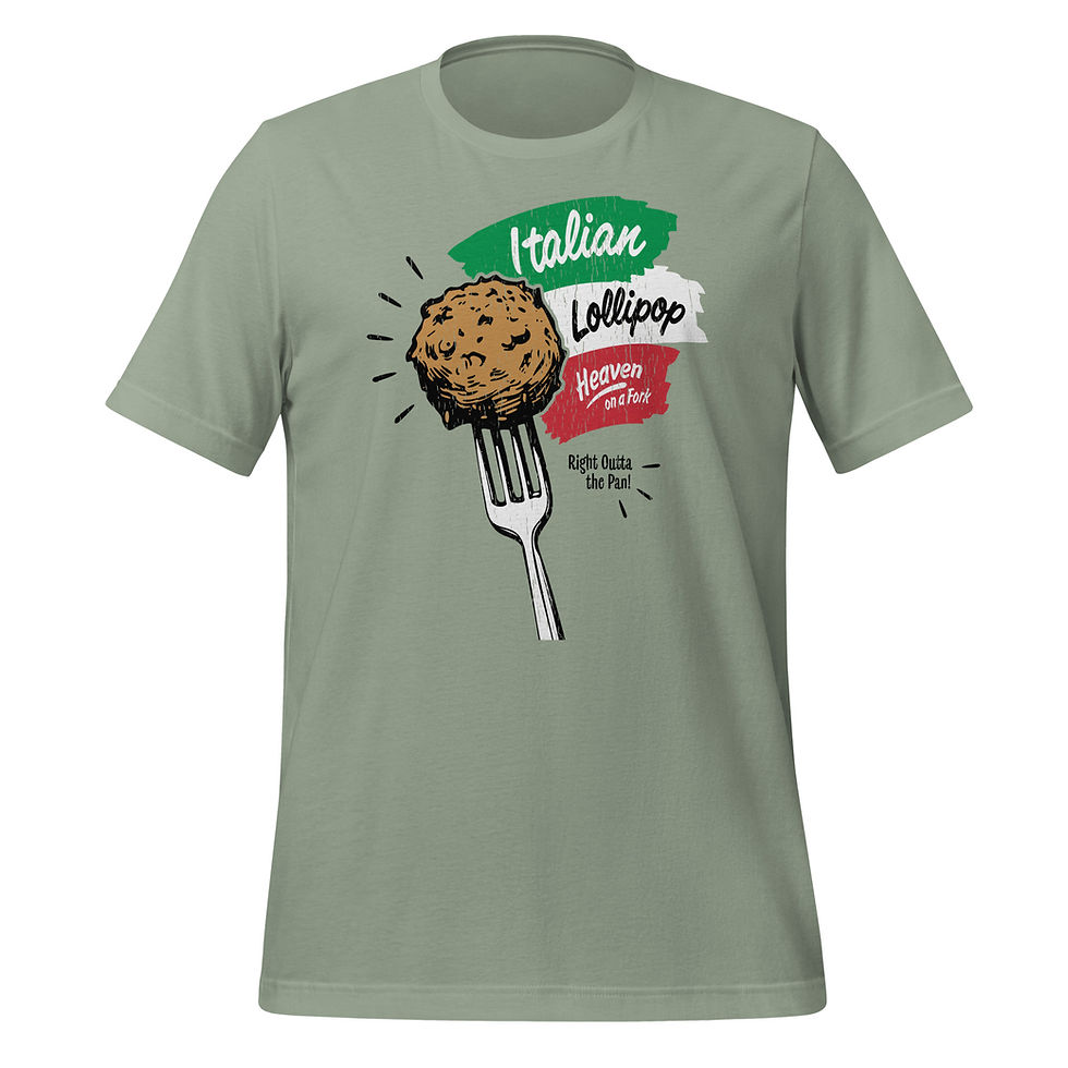 Thumbnail: Green t-shirt with whimsical 'Italian Lollipop' graphic, showing a meatball on a fork with red, green, and white hues.