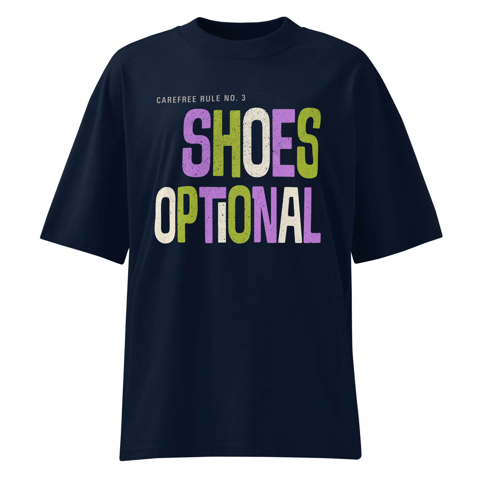 Oversized dark blue T-shirt with “Shoes Optional” text graphic