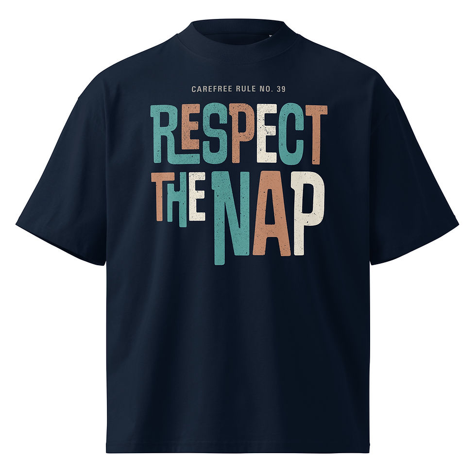 Oversized navy blue T-shirt with “Respect the Nap” text graphic