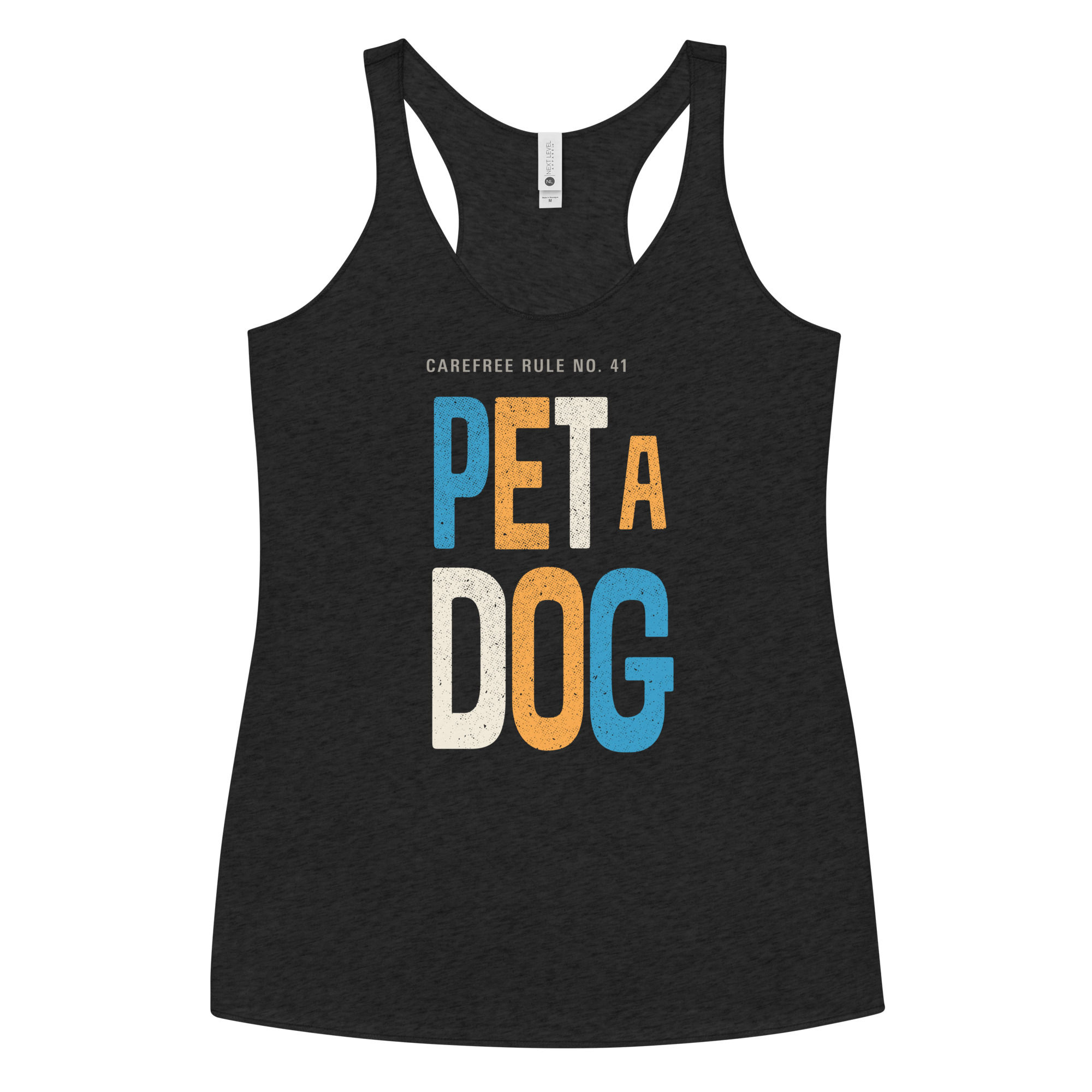 Black racerback tank top with “Pet a Dog” text graphic