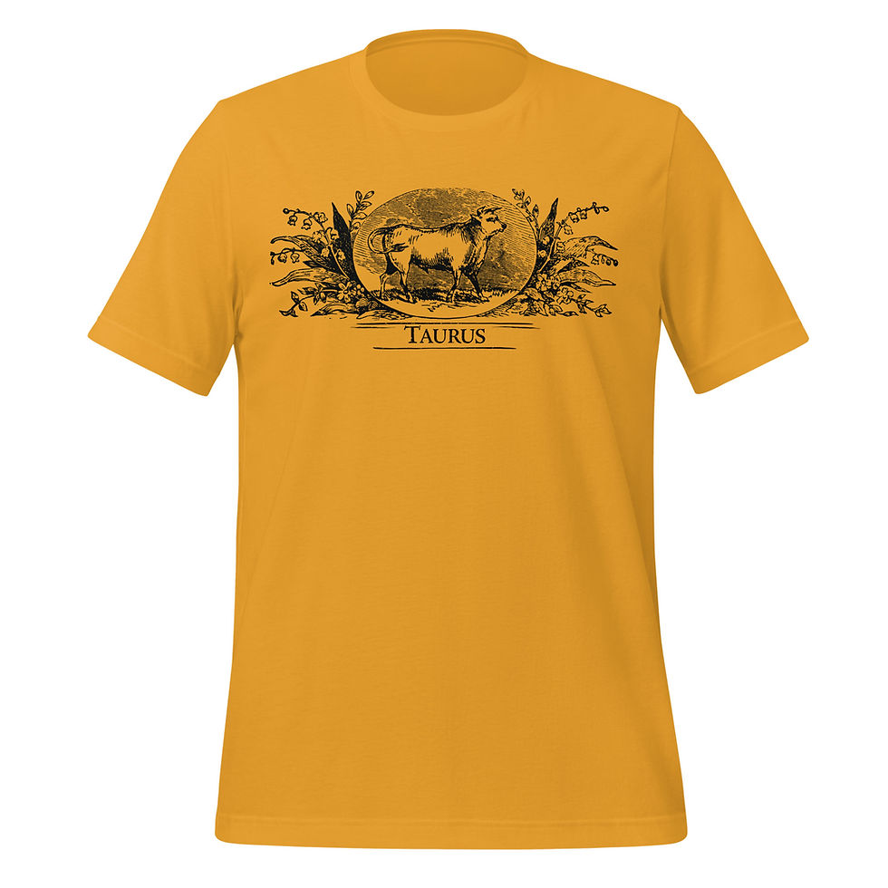 Thumbnail: Yellow t-shirt adorned with historical Taurus zodiac wood etching from a 19th-century farmer's almanac.