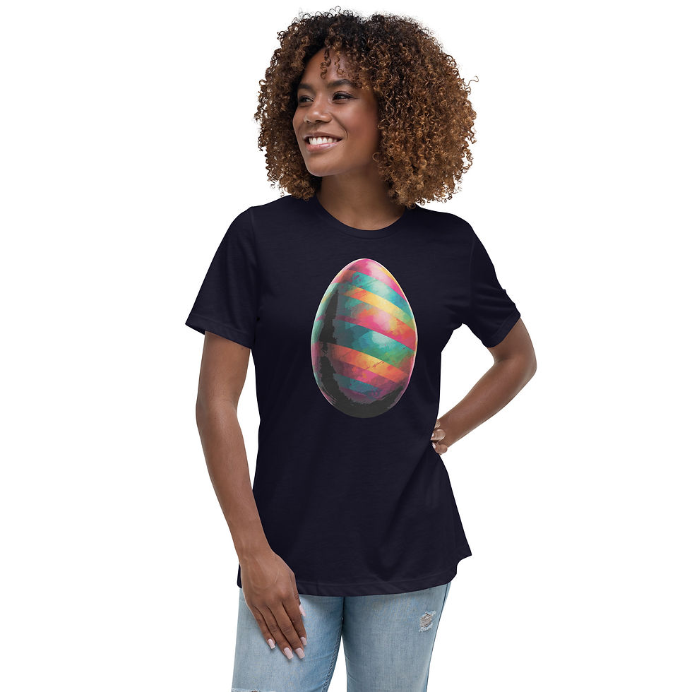 Woman wearing navy tshirt with striped Easter egg design featuring hues of dark red, blue, and yellow.
