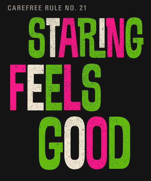 Thumbnail: Close-up of “Staring Feels Good” graphic on black showing typography detail