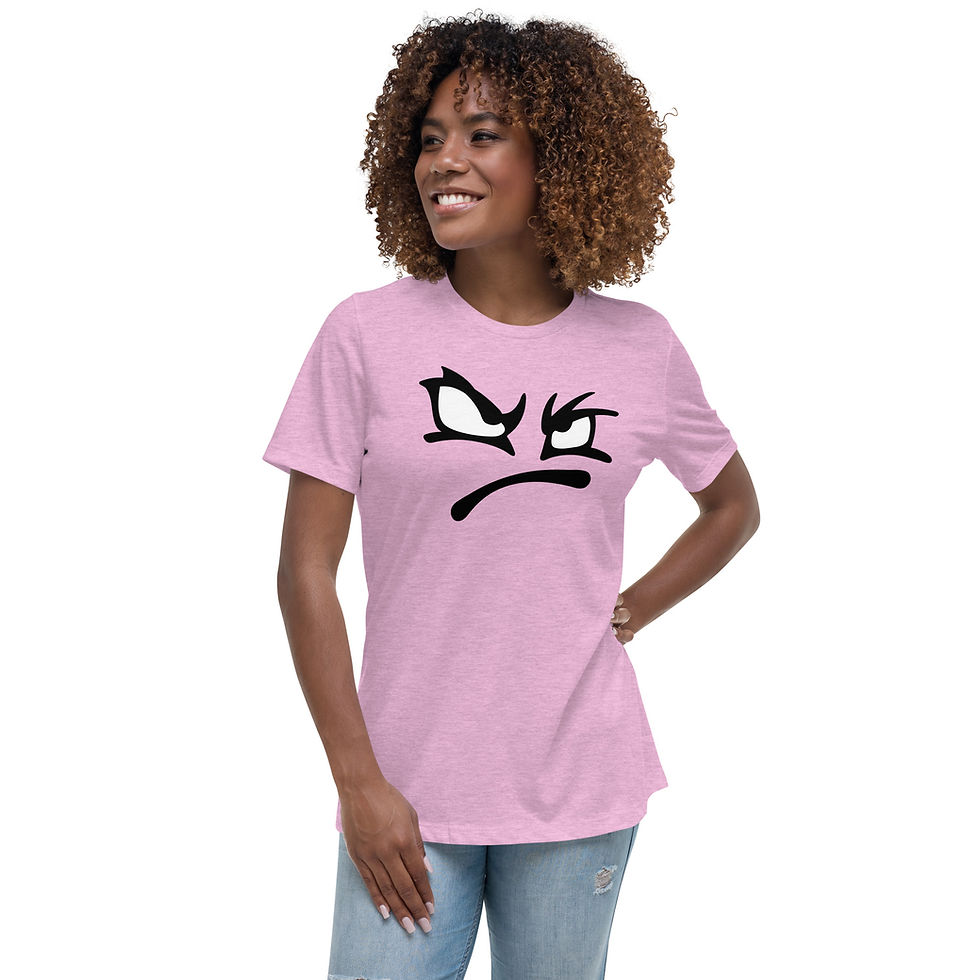 Thumbnail: Original design women's t-shirt in lilac featuring a bold angry cartoon face with big eyes and sloping mouth featured on the