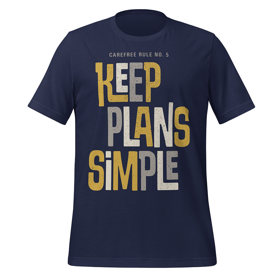 Thumbnail: Navy blue T-shirt with “Keep Plans Simple” printed typographic design