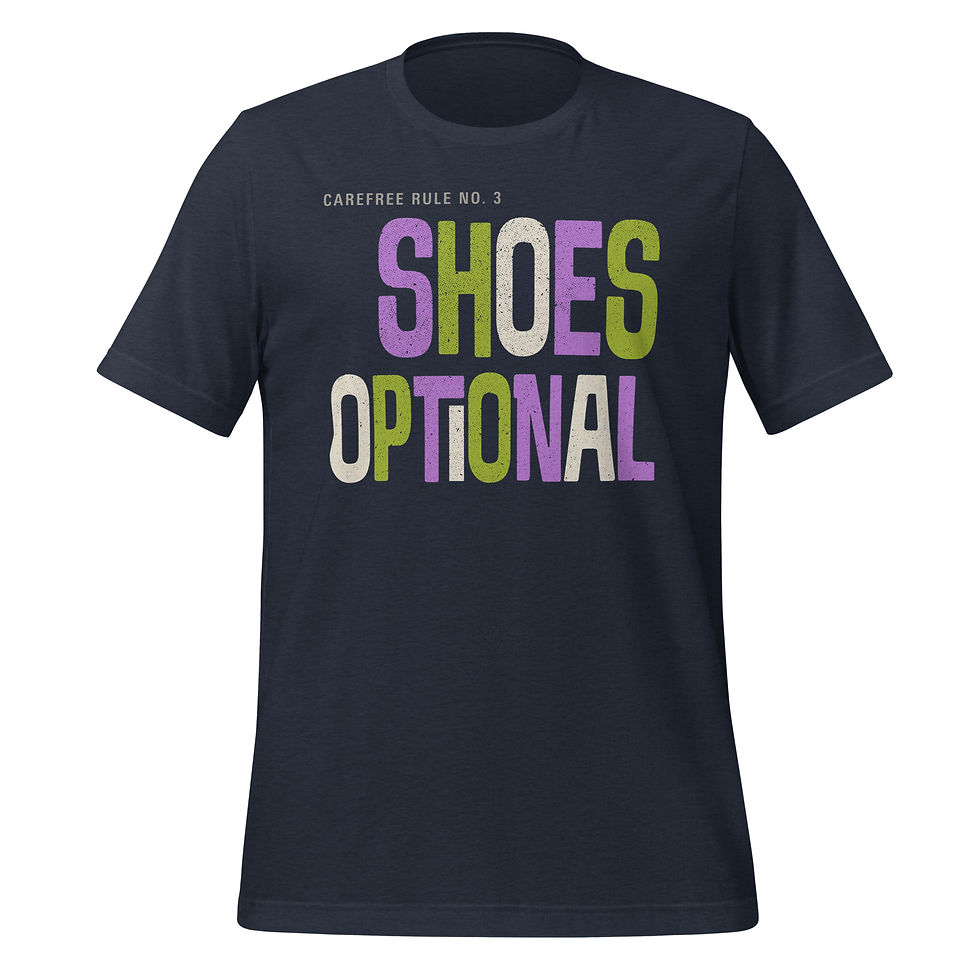 Thumbnail: Grey graphic tee displaying “Shoes Optional” typography