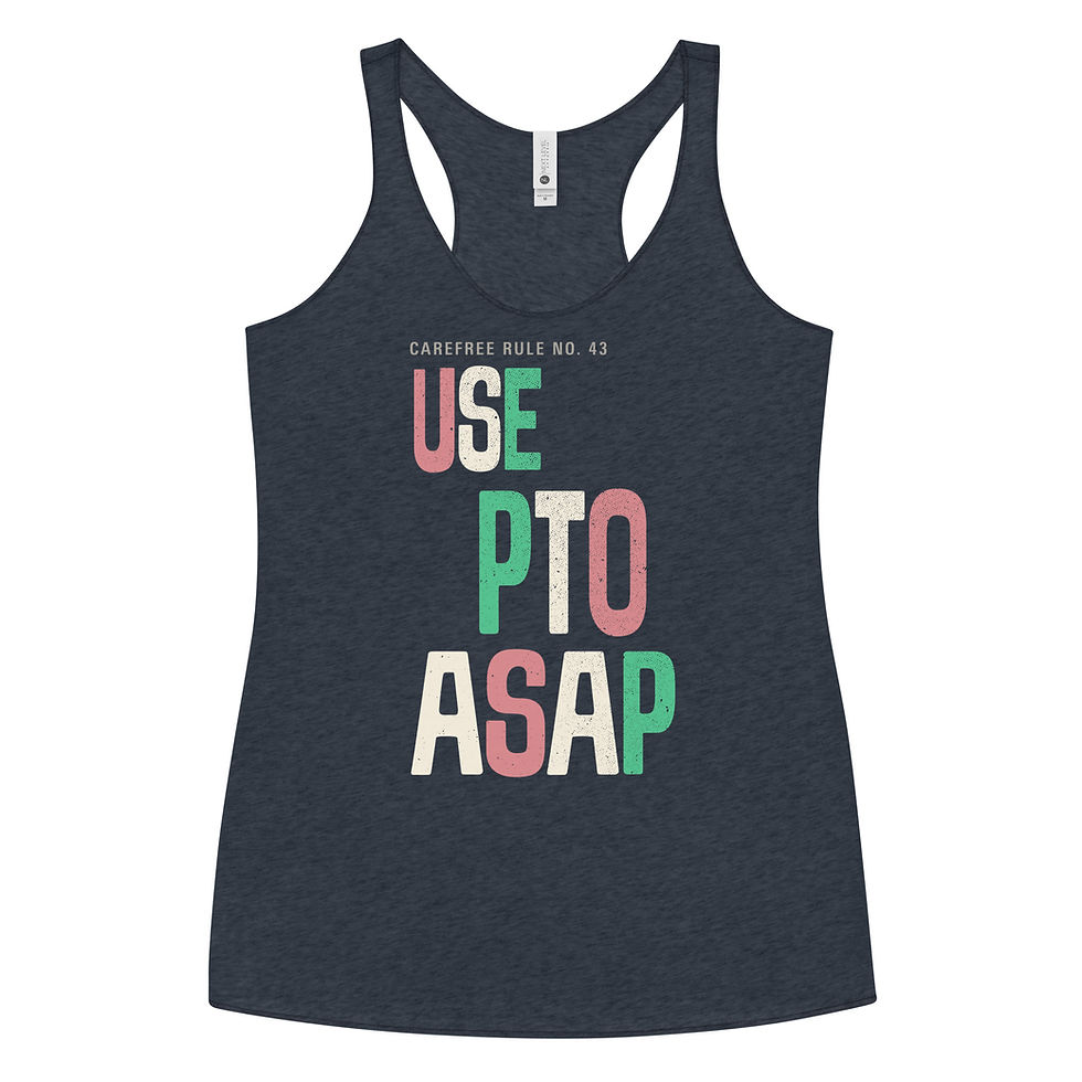 Thumbnail: Navy blue racerback tank top with “Use PTO ASAP” text graphic