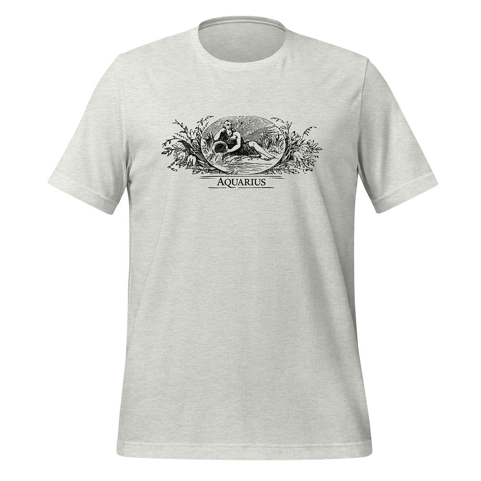 Thumbnail: An Ash colored t-shirt featuring a wood etching of the Aquarius zodiac sign from the 1864 Old Farmer's Almanac.