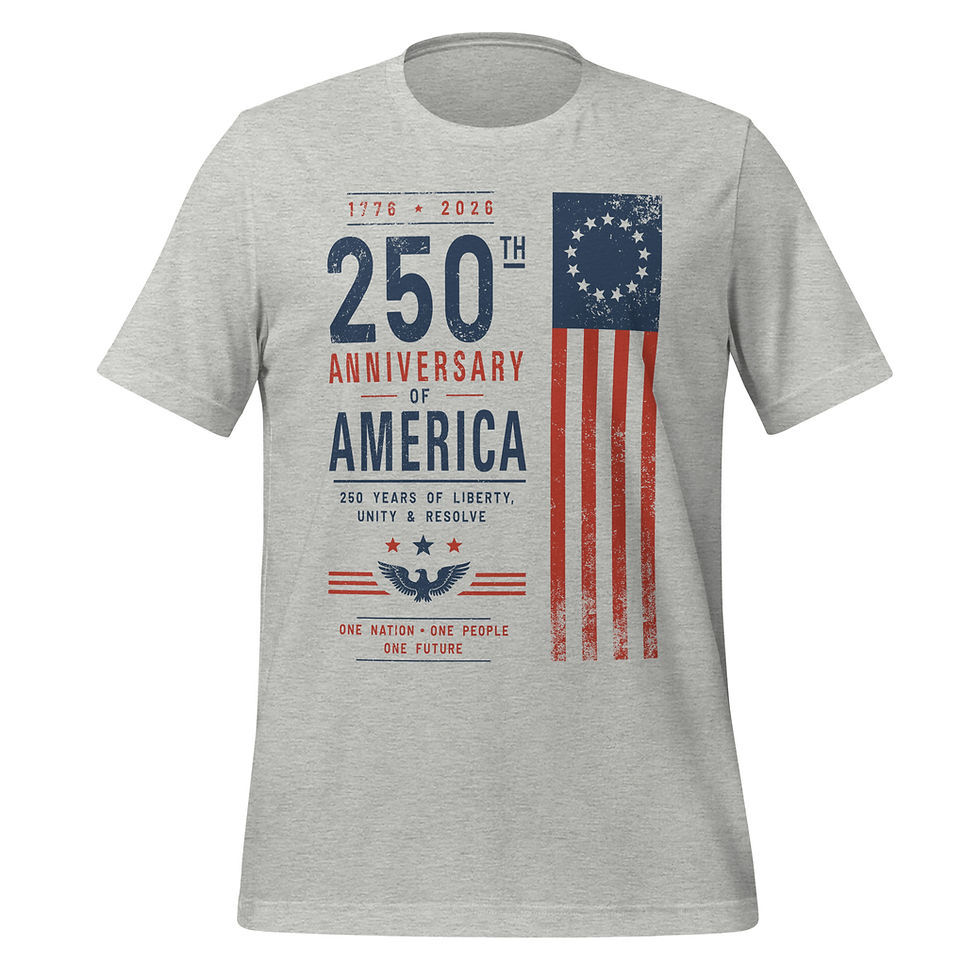 Thumbnail: Grey casual shirt displaying “250th Anniversary of America” message