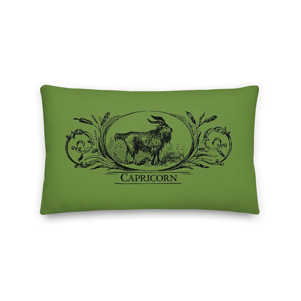 A 20"x12" green throw pillow featuring a 1864 Old Farmer's Almanac wood etching of the Capricorn zodiac sign in black. Single