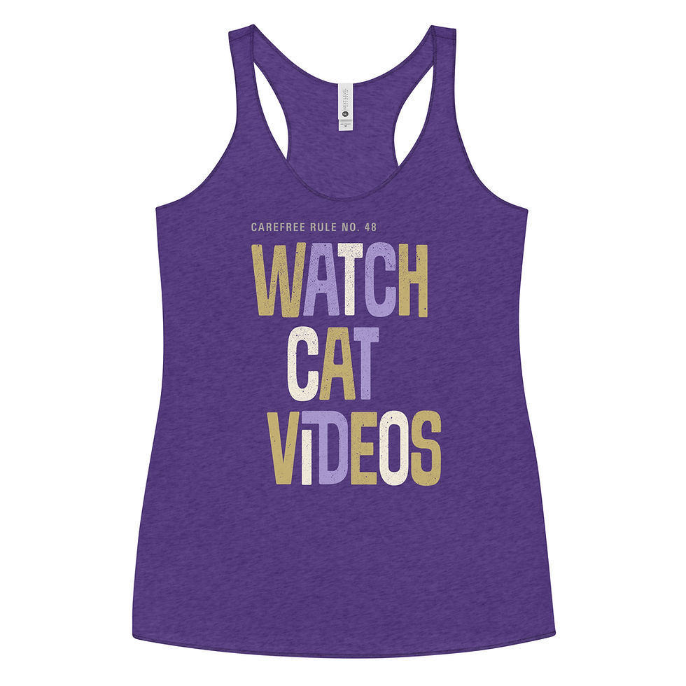 Thumbnail: Purple racerback tank top with “Watch Cat Videos” text graphic