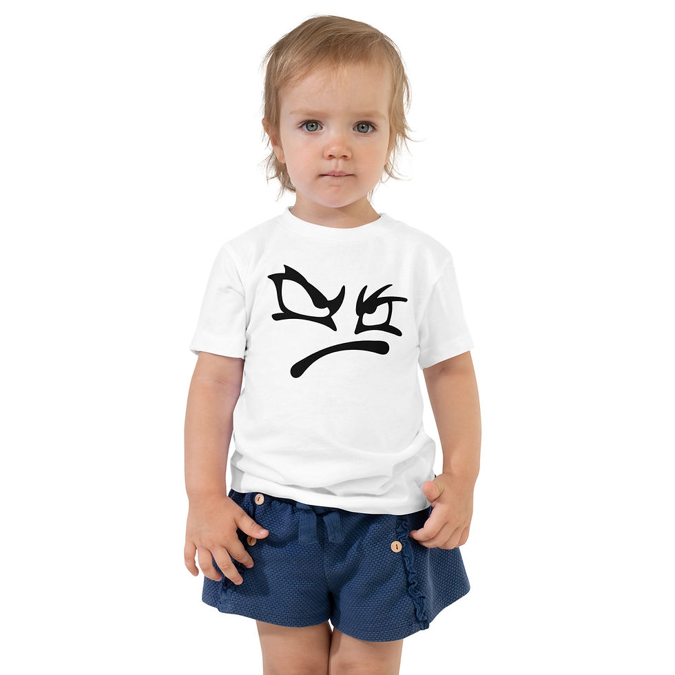 Thumbnail: Humorous, bold original design angry face emoji on the front of a white short-sleeve toddler t-shirt.