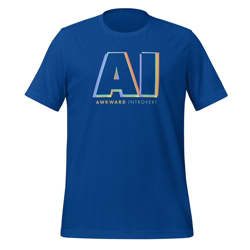 Blue unisex graphic t-shirt featuring big block text “AI” and smaller colorful print “Awkward Introvert” written below.