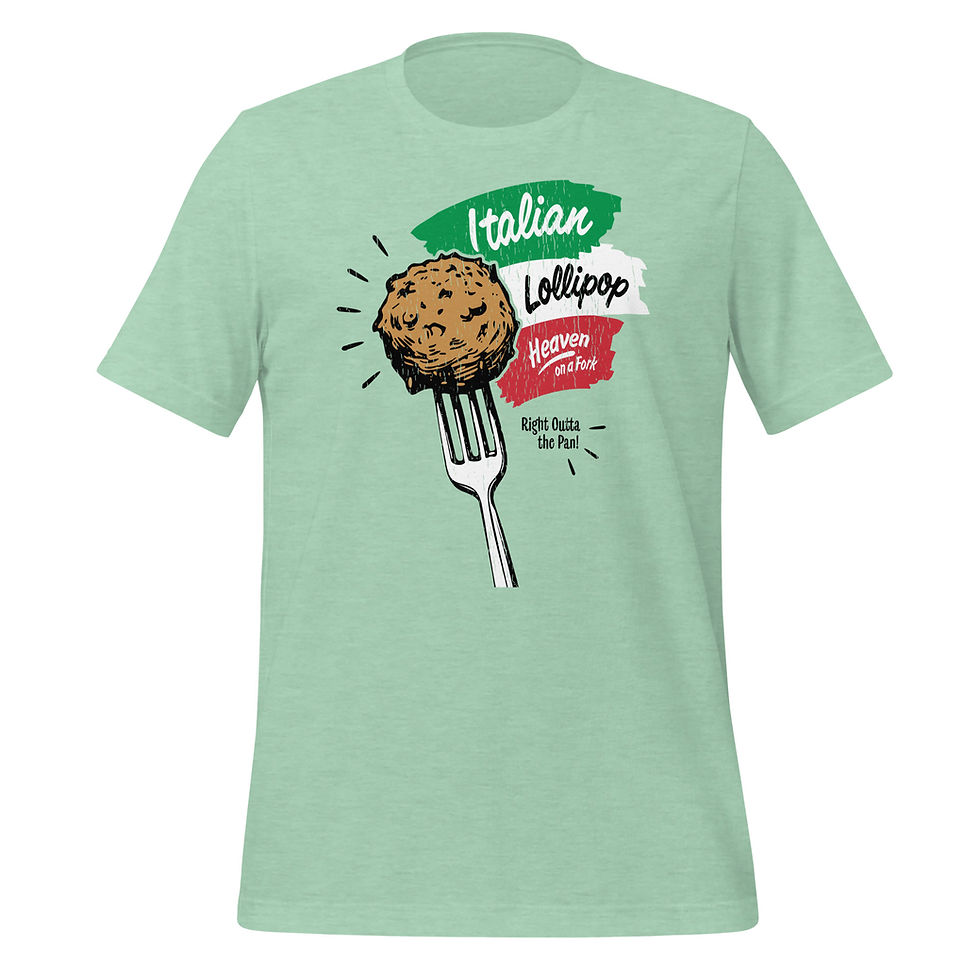 Thumbnail: Mint green t-shirt showcasing 'Italian Lollipop' design, featuring a meatball on a fork in Italian flag colors.