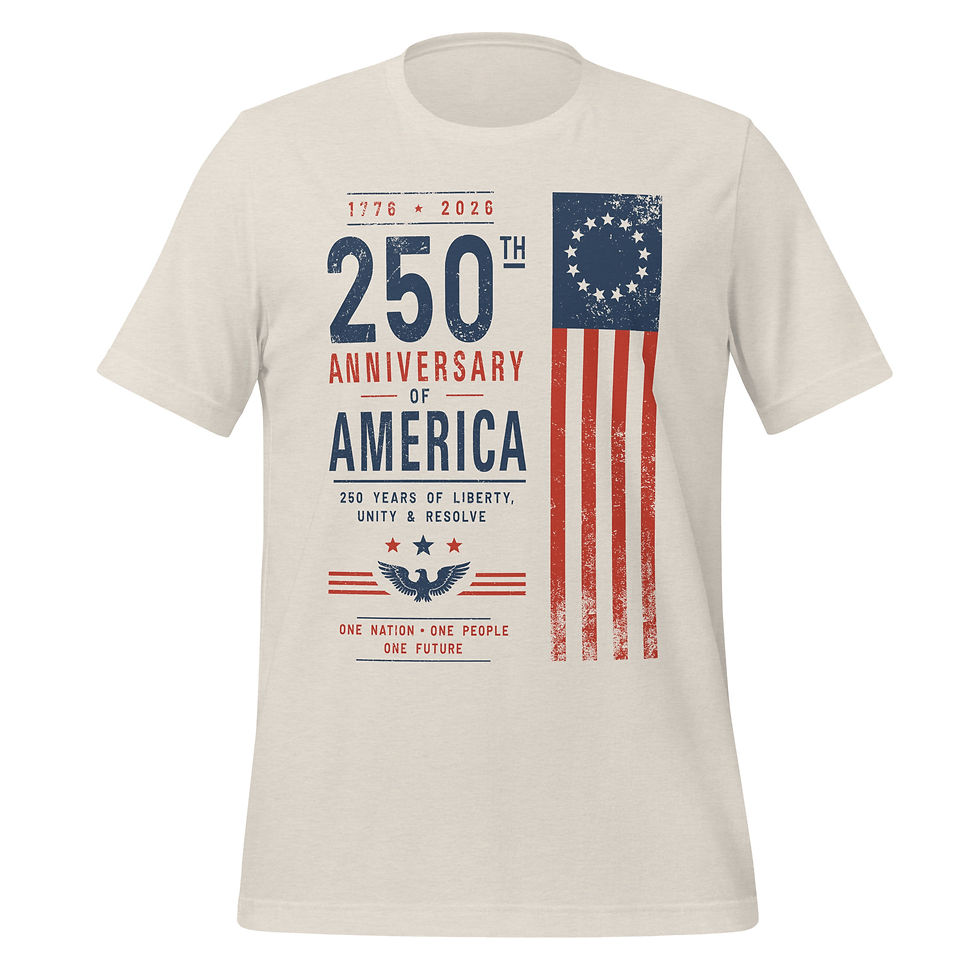 Thumbnail: Soft cream-colored casual shirt displaying “250th Anniversary of America” message