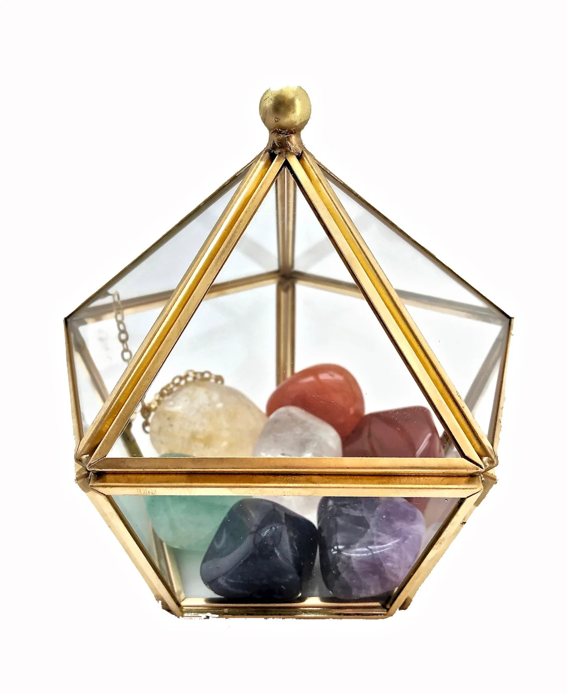 glass box with 7 chakra healing stones.webp