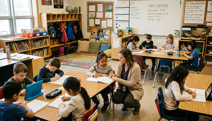 Wide-angle view of a bright classroom with students working while a teacher helps one child at a table