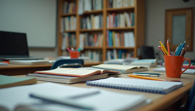 Eye-level view of a cluttered teacher’s desk with textbooks and supplies