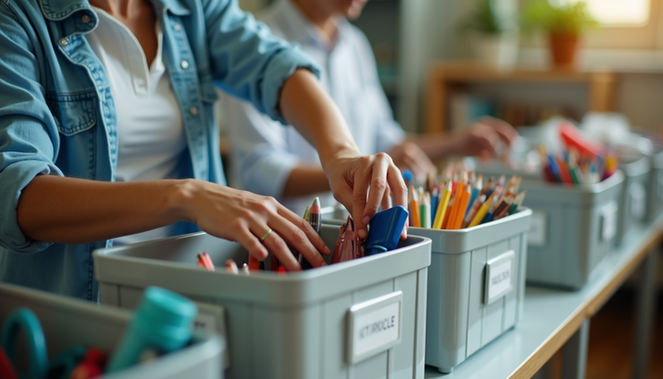 Close-up view of a teacher organizing classroom supplies in labeled bins