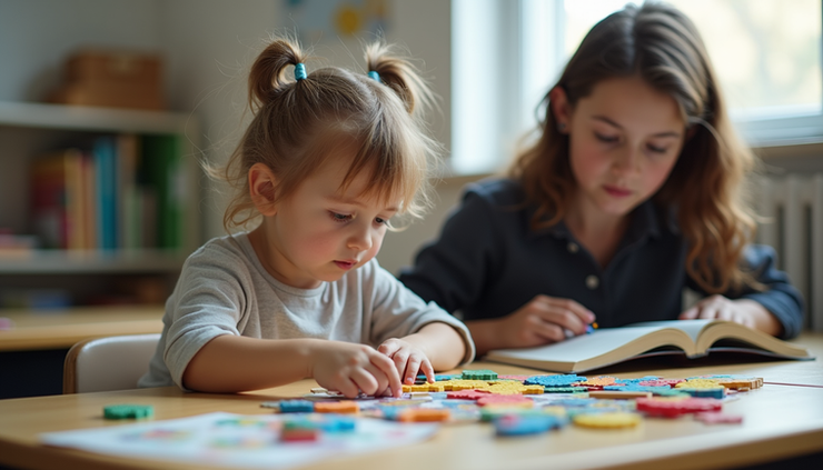 Eye-level view of a classroom with a child and an adult learner engaged in different activities