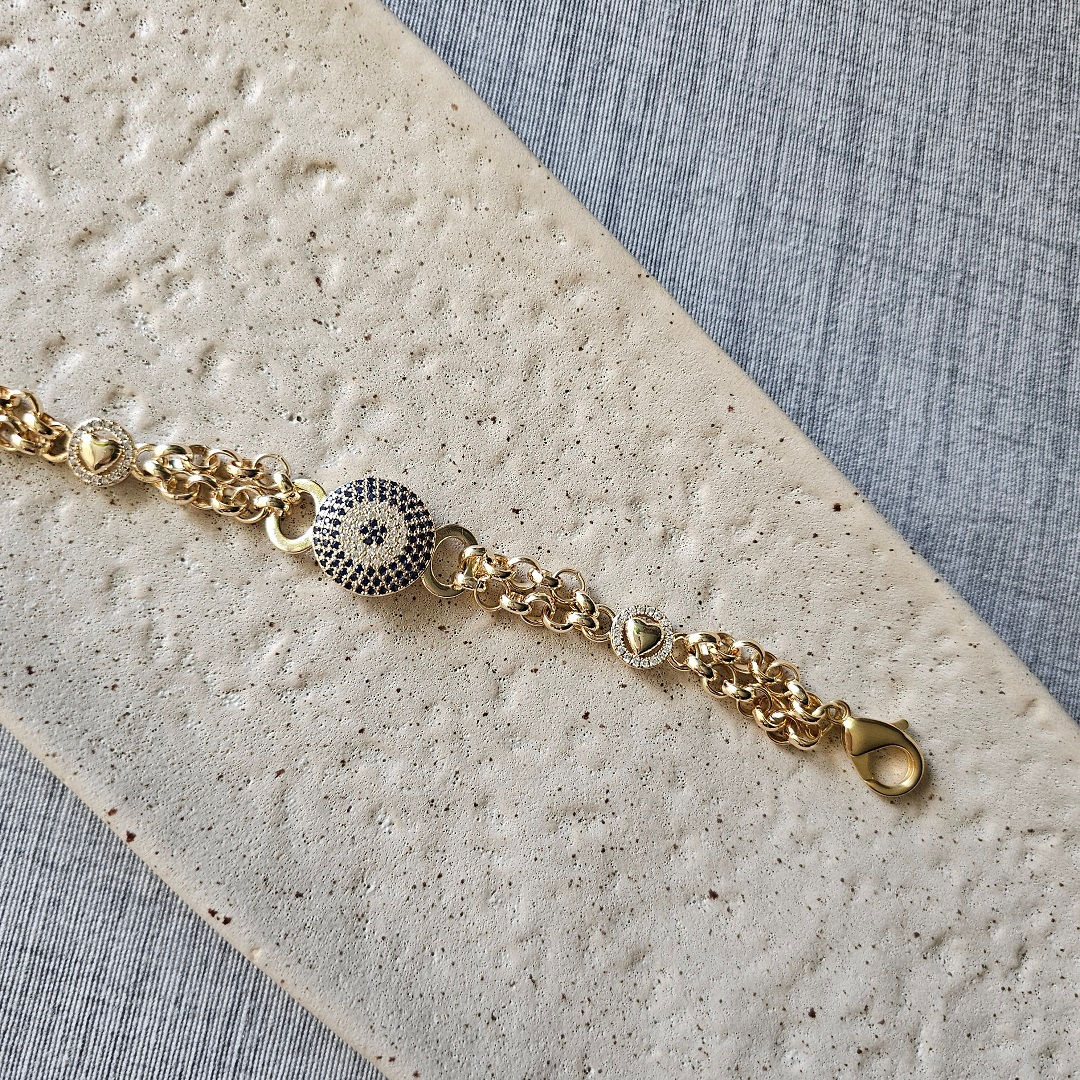Pulseira Elos, Corações e Olho Grego
