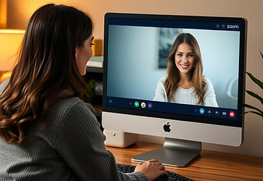 I want an image with 1 woman talking to the other person on a computer through a zoom call
