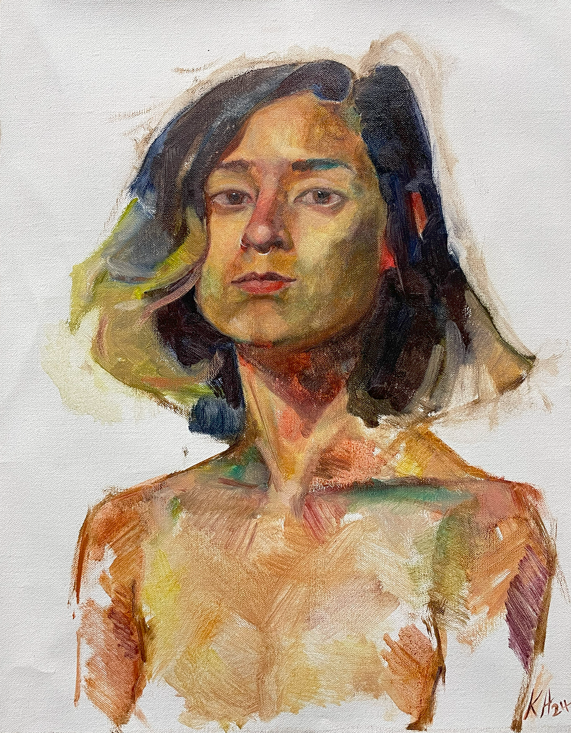 Oil painted portrait of Emily, painted with vibrant color.