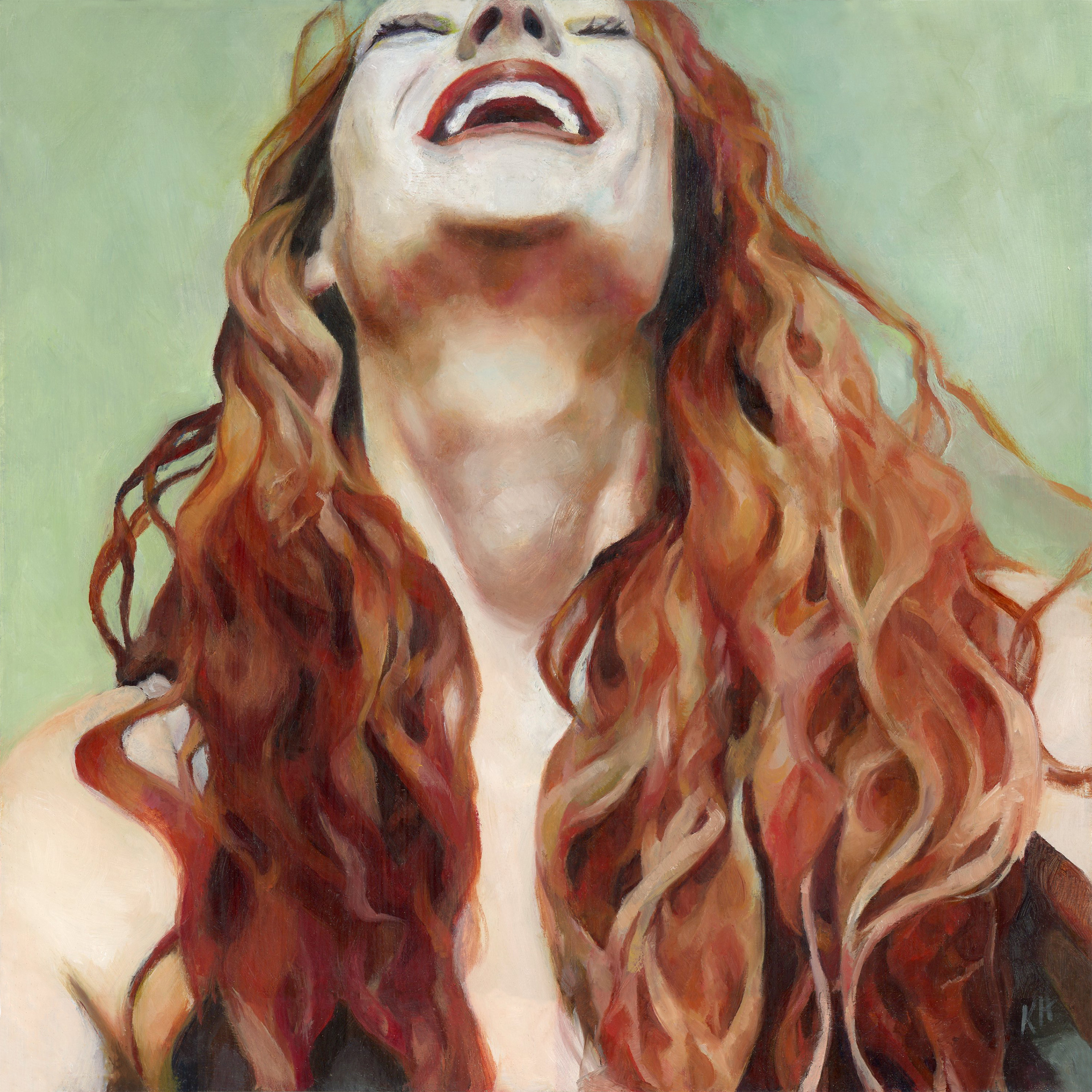 Oil painted portrait of a woman named Jenny, mid-laugh with her head thrown back, showing off her red hair.