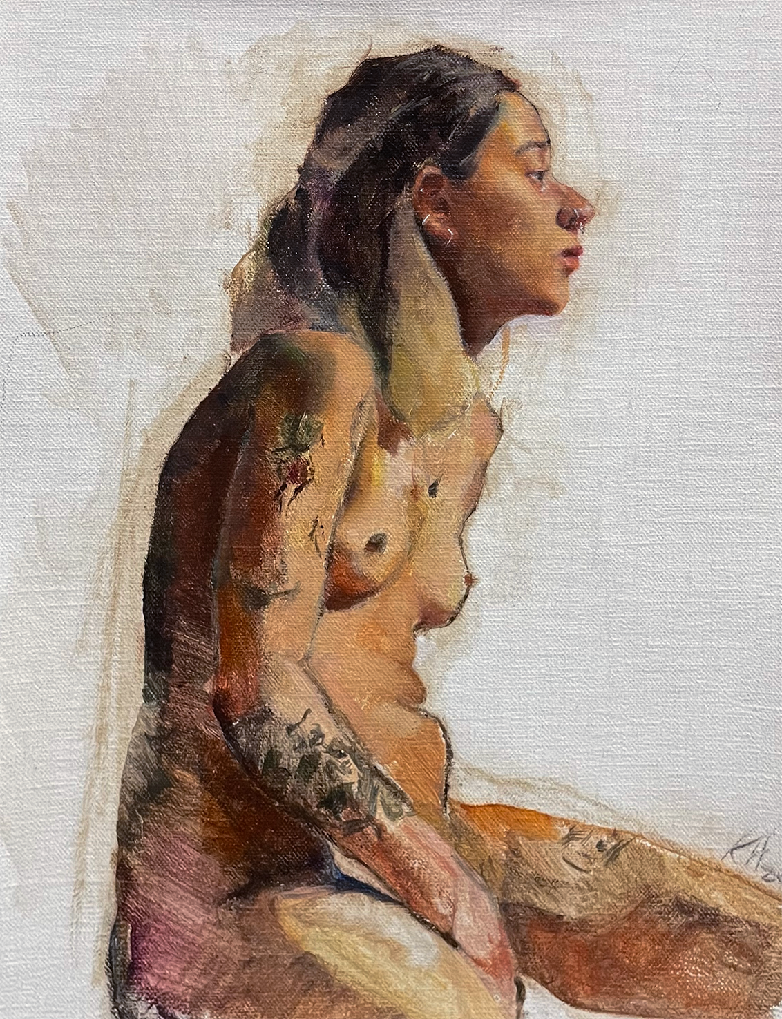 Oil painting of Emily, perched on a stool and leaned slightly forward.