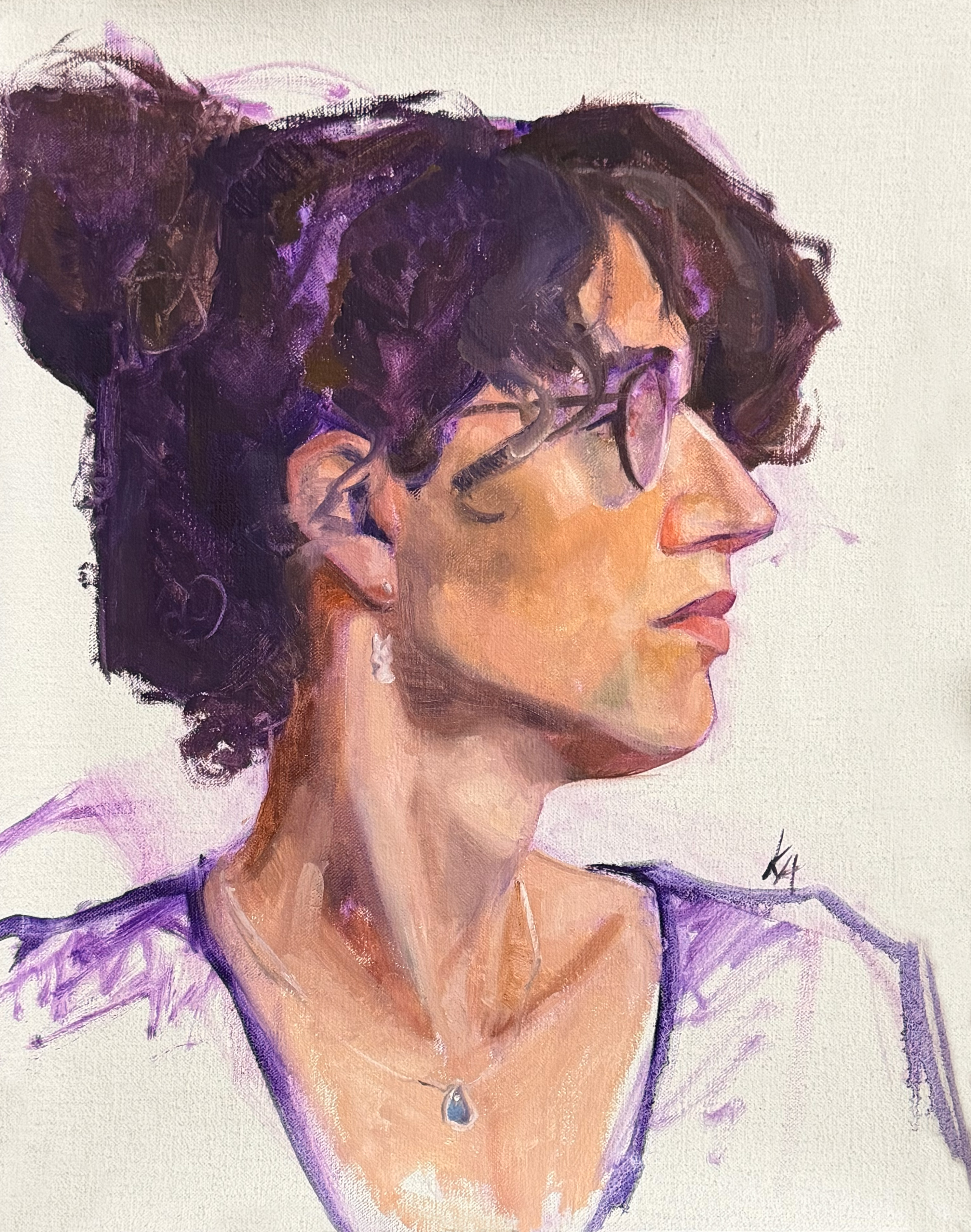 Oil painted portrait of a woman named Freya, head turned to the side, with lots of dioxazine purple. 