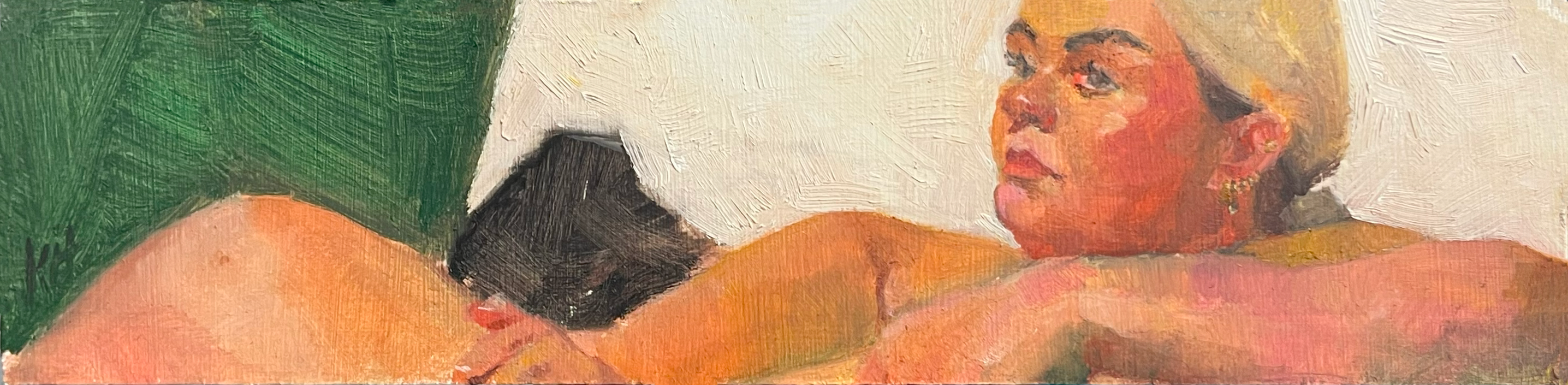 A skinny horizontal oil painting of Isabel