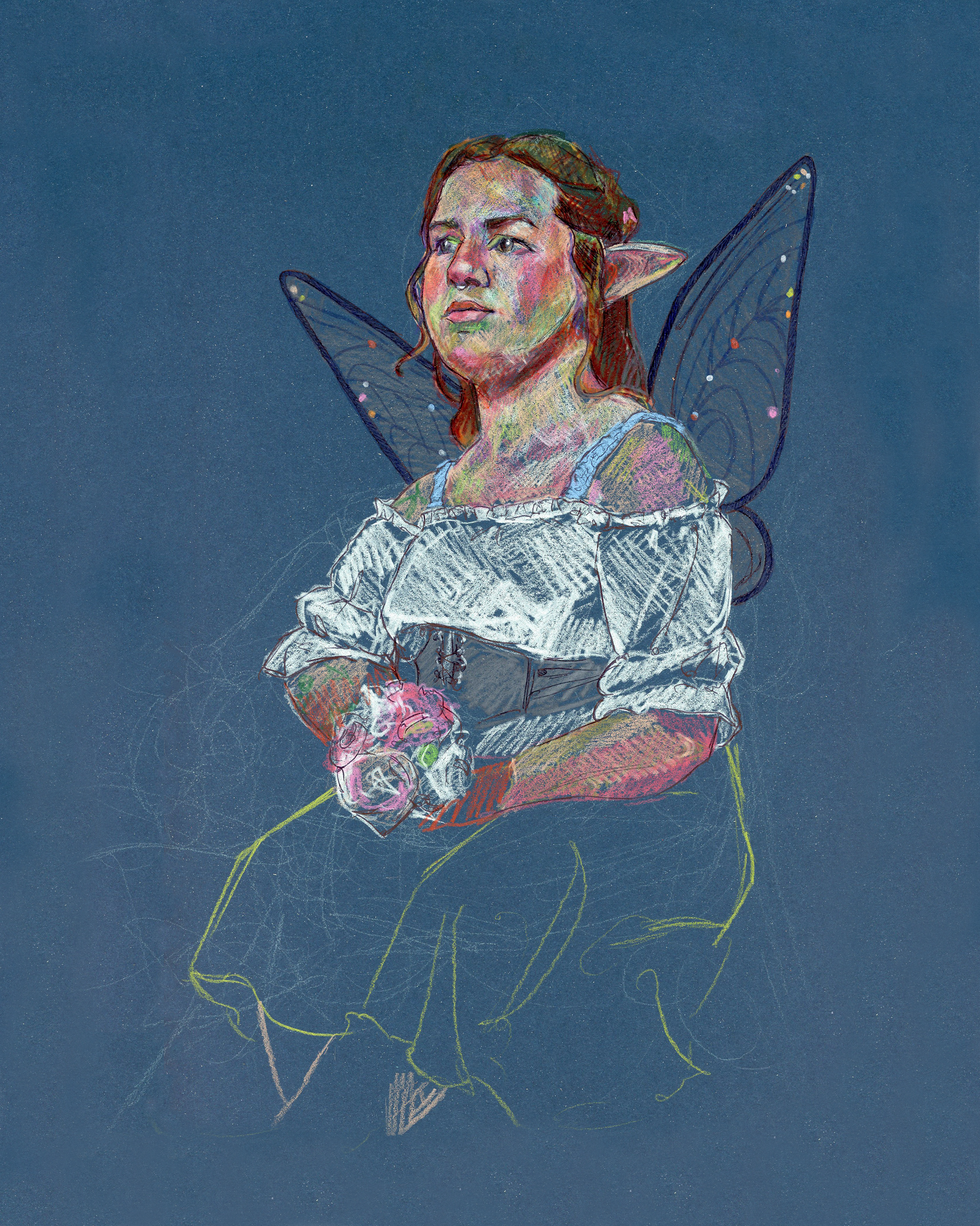 Colored pencil and ballpoint pen drawing of Megan, dressed as a fairy