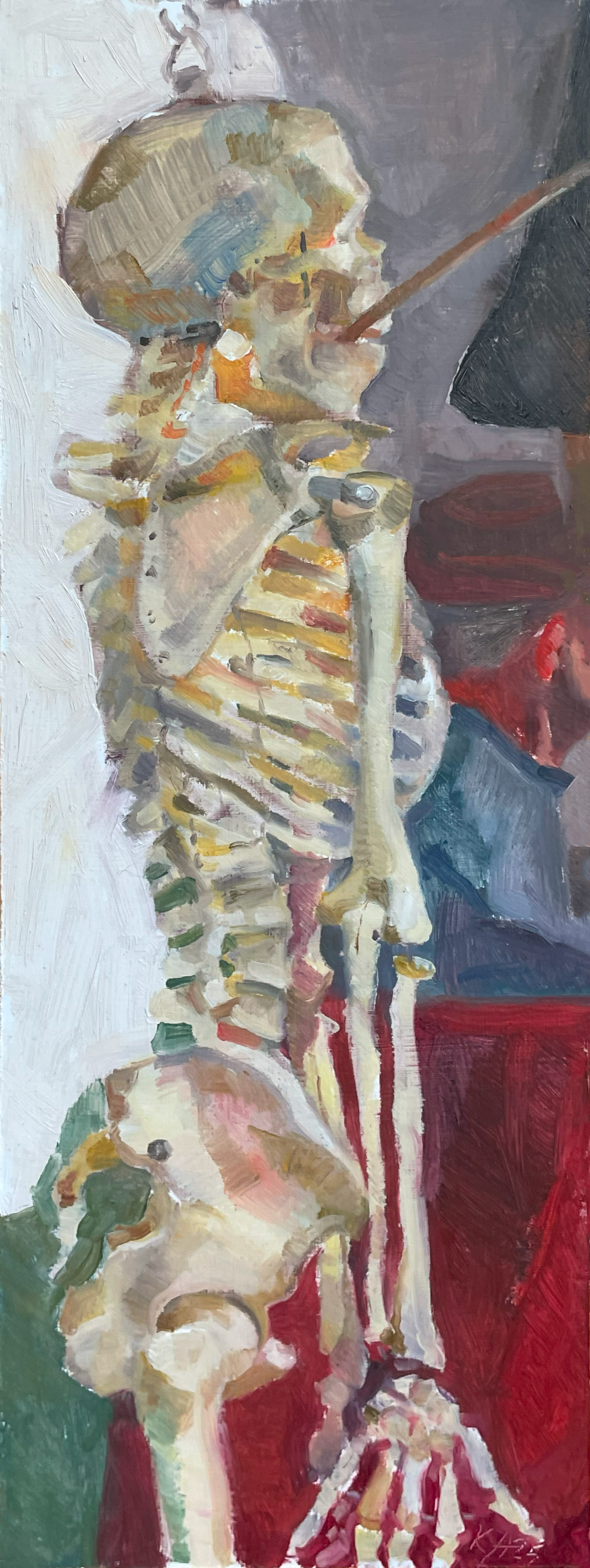 Oil painting of an anatomy skeleton hanging in a studio