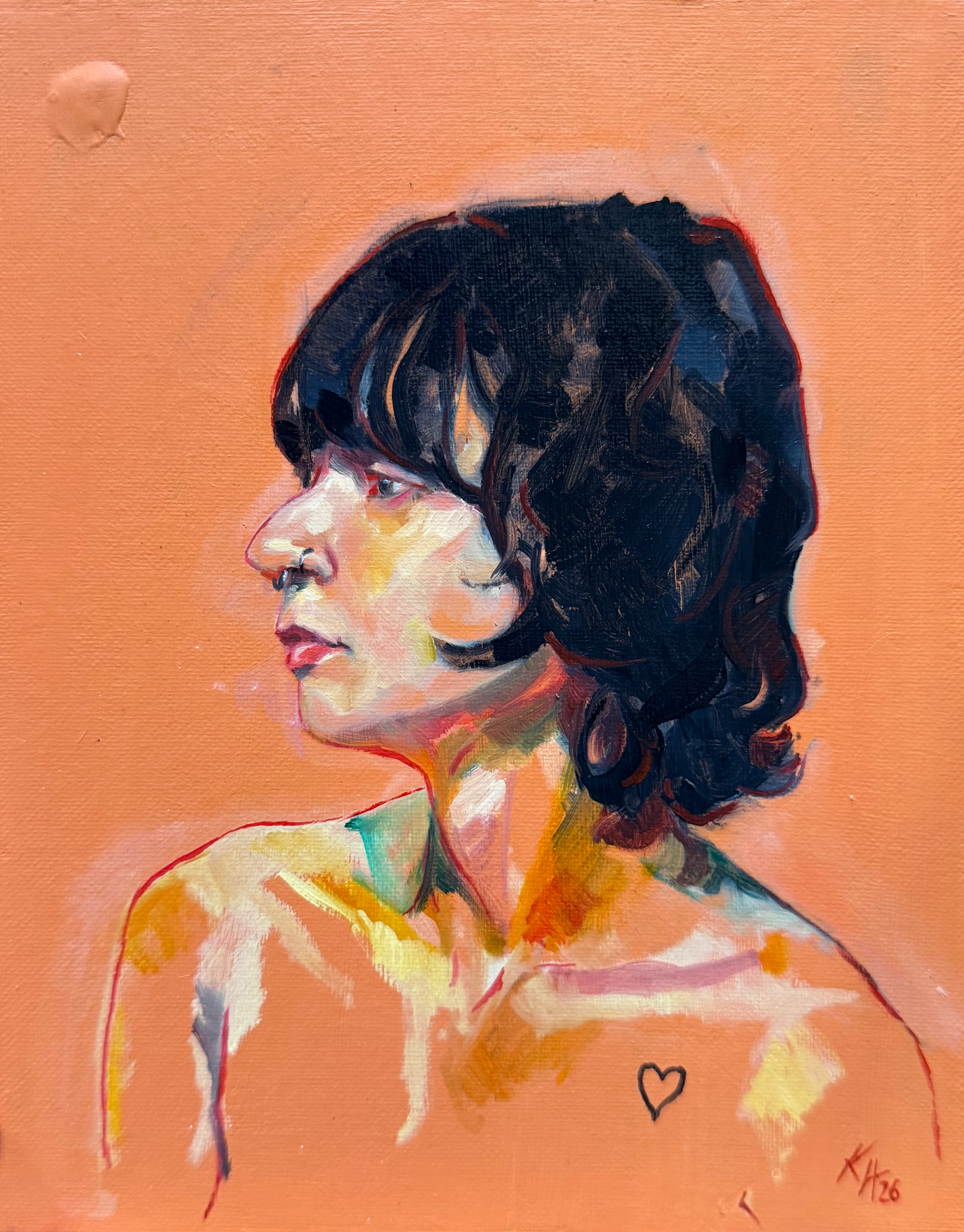 Oil painted portrait of Emily on a burnt orange background. 