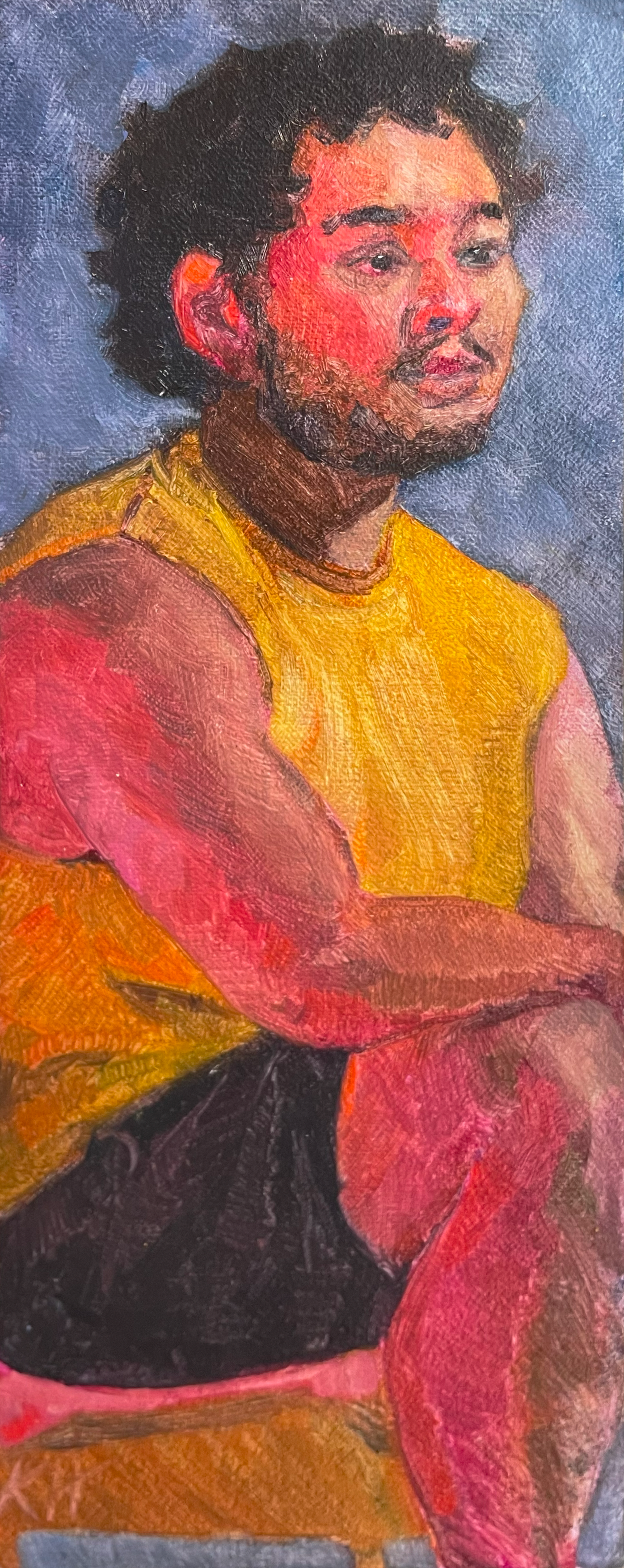 Oil painting of Jim, wearing a yellow tank top and lit with a pink/red light